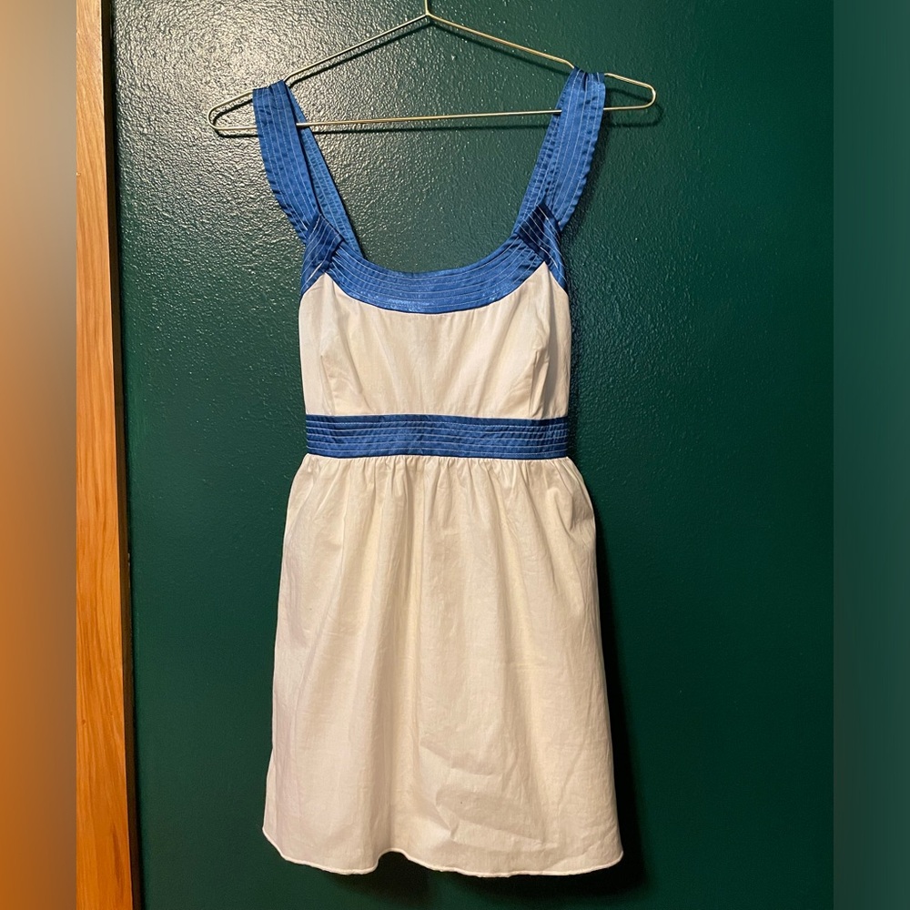 White Babydoll Top with Blue Trim and Sash